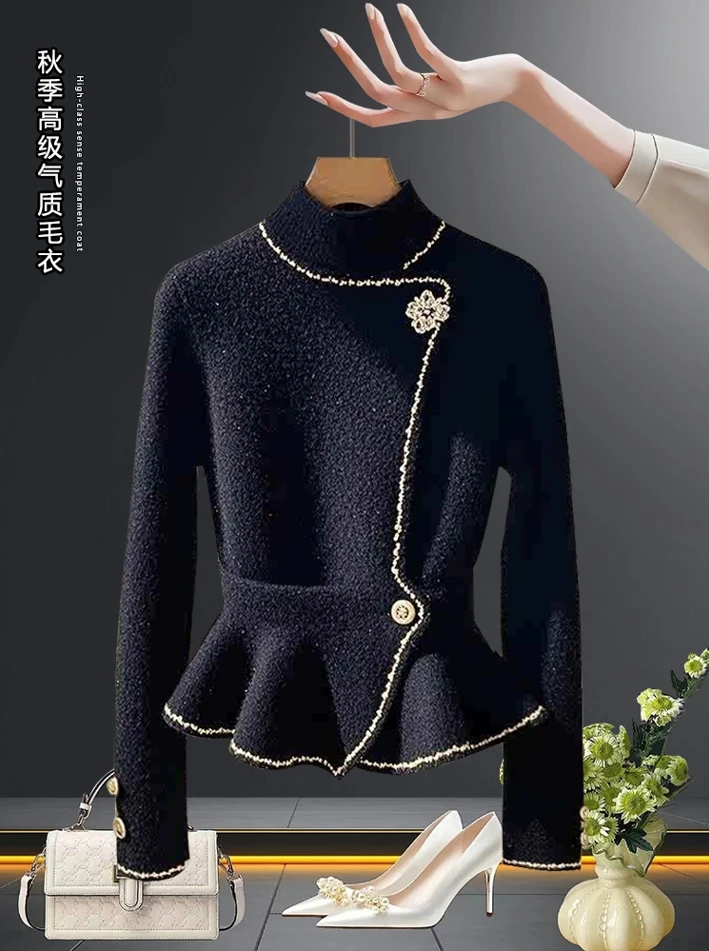 2024新款冬季女款时尚百搭毛衣黑色气质厚款法式潮流休闲洋气上衣