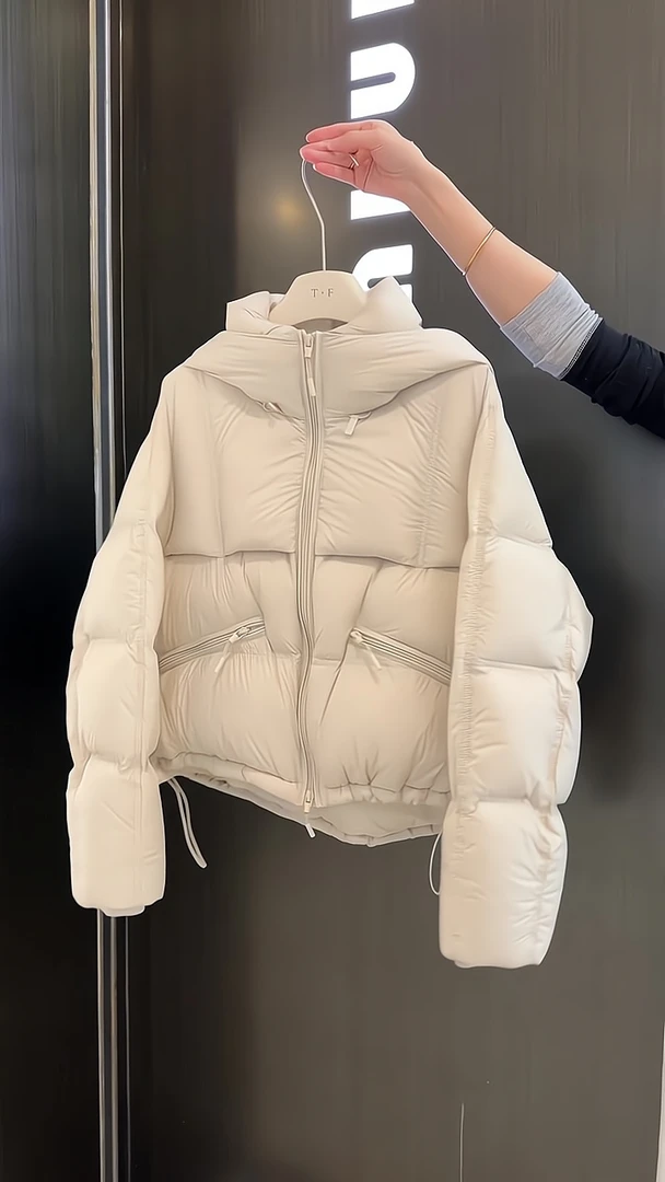 米白色立领连帽棉服女2024冬季新款设计感抽绳时尚保暖加厚短外套