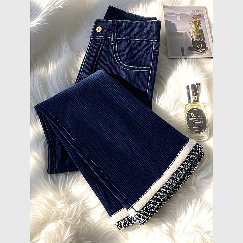 今年流行的爆款小个子高级感超好看藏青色拼接灯芯绒微喇裤女冬季