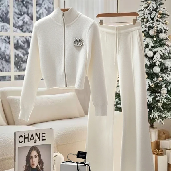 冬季穿搭一整套富家千金高级感小香风气质白色针织毛衣裤子套装女