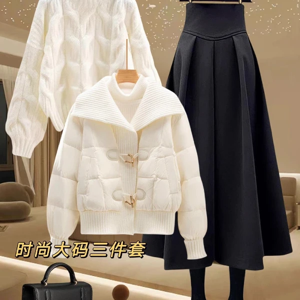 大翻领拼接棉服外套女冬季大码胖mm毛衣半身裙爆款减龄时尚套装女