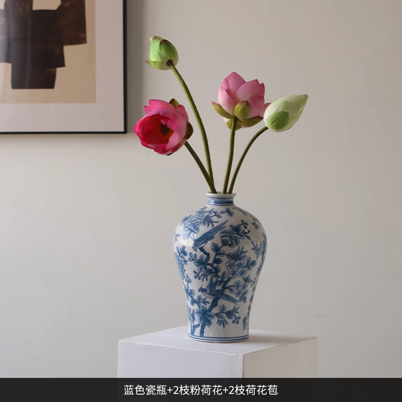 新中式青花瓷玄关摆件陶瓷花瓶客厅落地法式插花瓶轻奢高级感瓷器