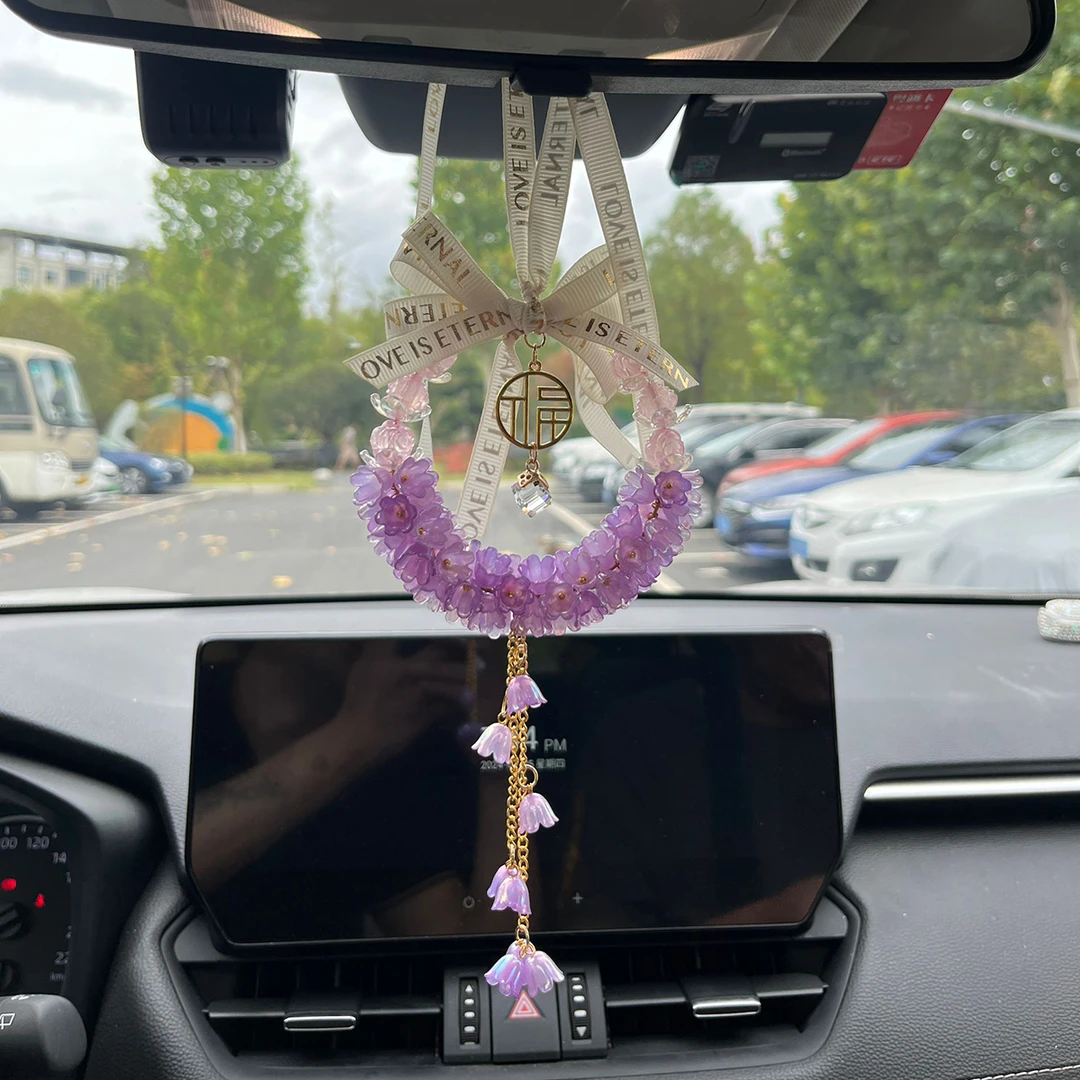 新款铃兰花蝴蝶结汽车挂件车用后视镜装饰福字吊坠车载后视镜挂件