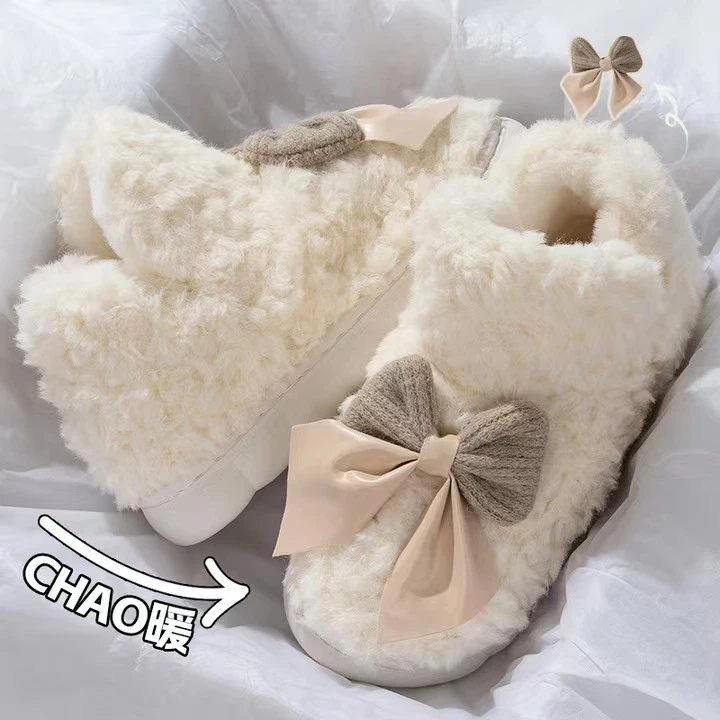 宴生2024秋冬季新款居家棉拖鞋厚底防滑蝴蝶结高帮毛绒保暖棉靴
