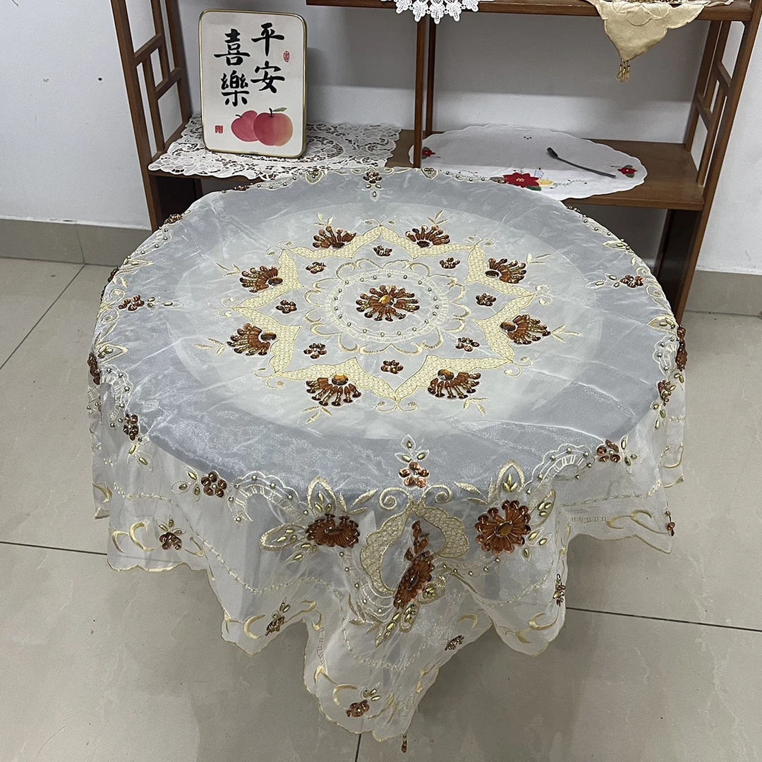 外贸尾单手工串珠绣蕾丝网纱刺绣万用盖巾钉珠方形桌沙发靠背巾娟