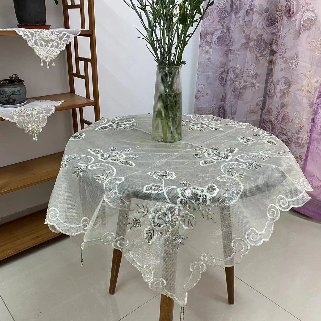 欧式蕾丝钉珠方形盖巾桌布