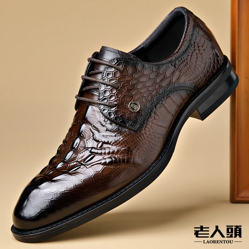 老人头高端轻奢男士商务正装皮鞋鳄鱼纹真皮透气尖头潮流结婚男鞋
