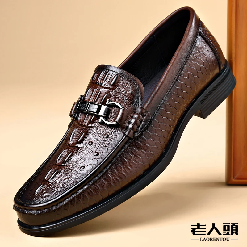老人头高端轻奢男士商务休闲皮鞋鳄鱼纹真皮头层牛皮透气乐福鞋