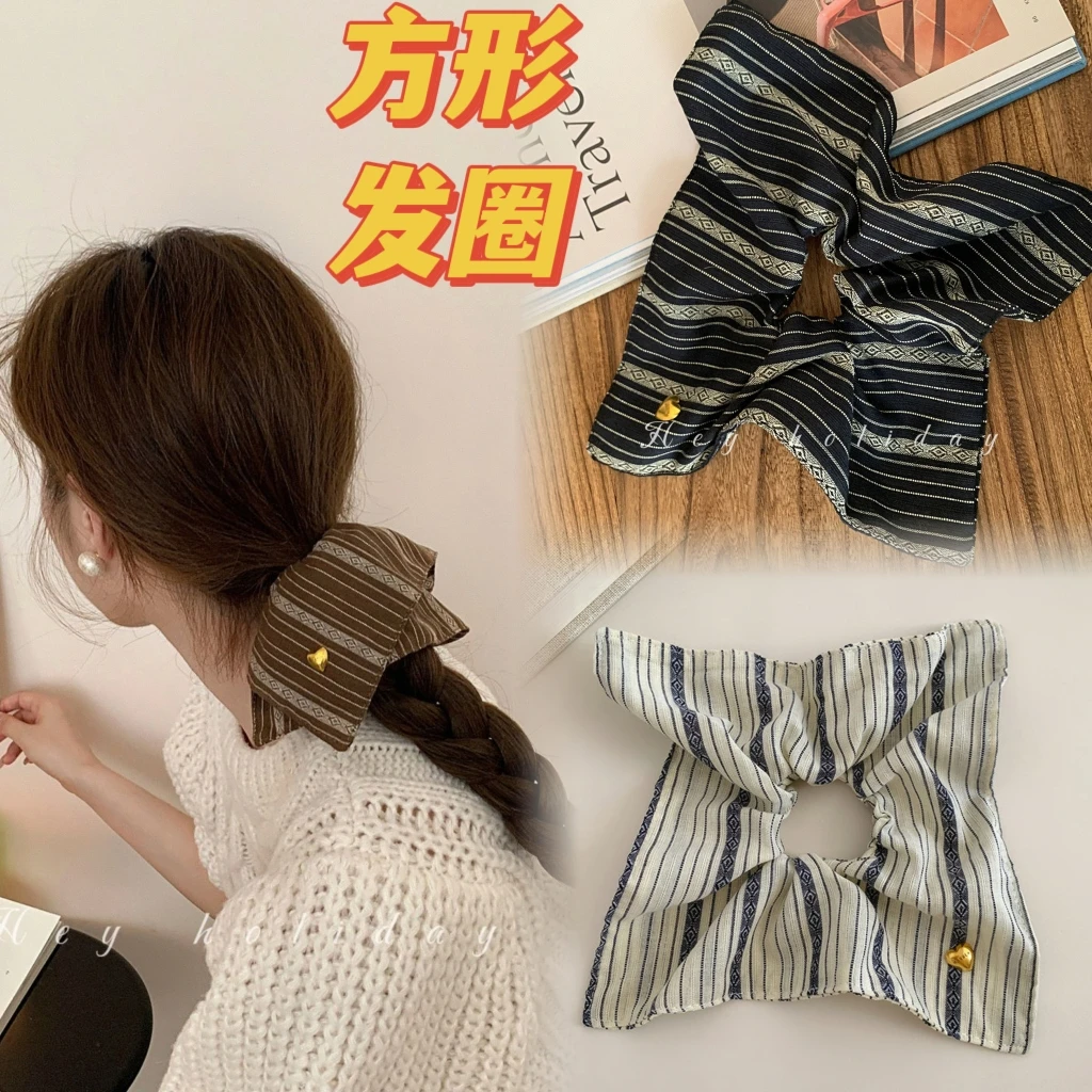 可爱复古大肠圈方形发饰条纹高顶韩国百搭中秋小众同款布艺发圈