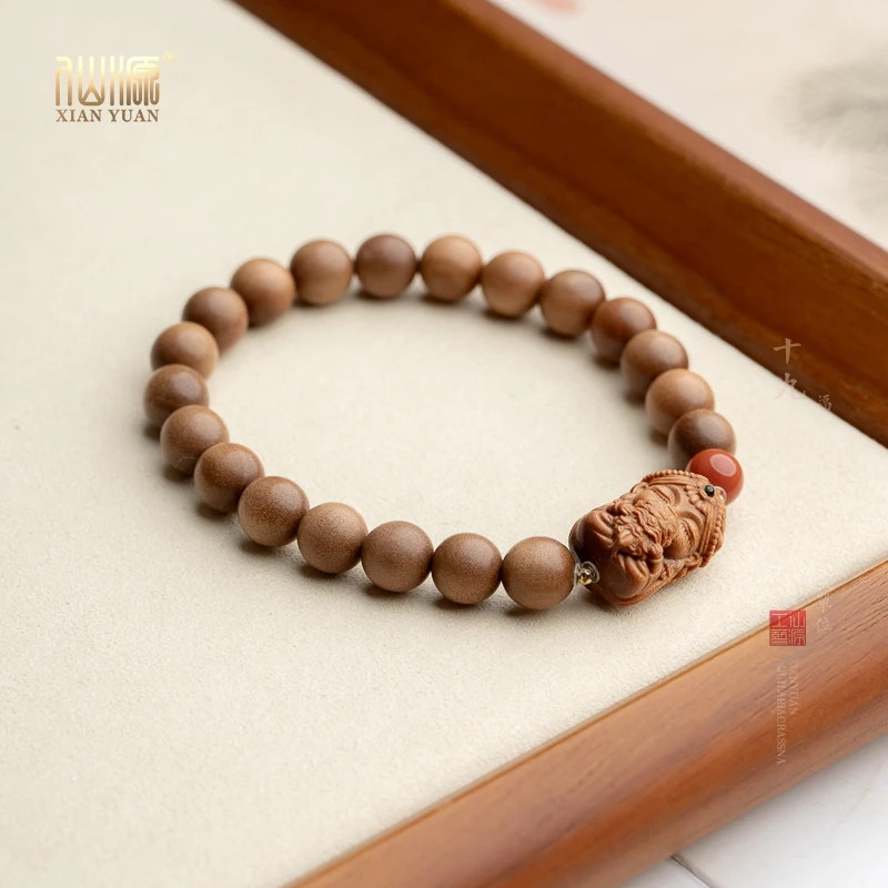 【18K】印度老山檀香7mm+南红扎基单圈手串弹力绳檀木质念珠盘玩