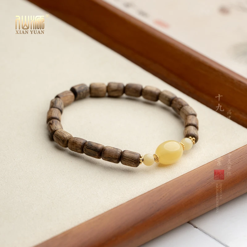 海南白棋沉香随形桶珠8*11mm+木作沉香单圈手串弹力绳气质古风