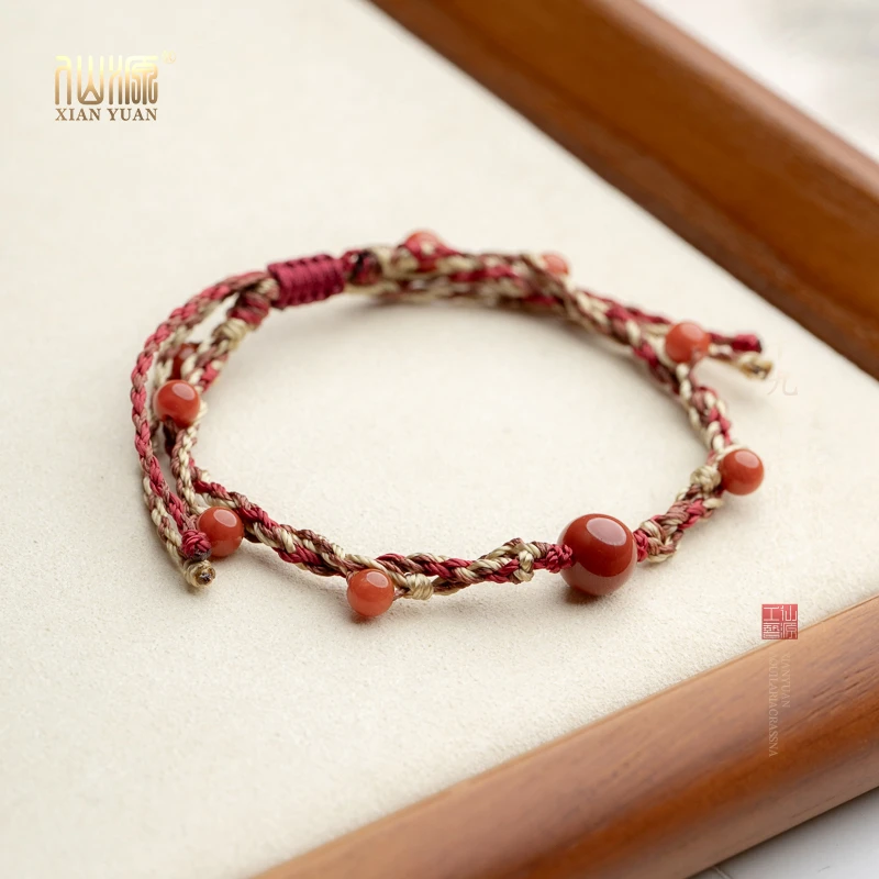 南红7mm+编绳单圈手串硬绳抽绳原创设计手编民族风本命年