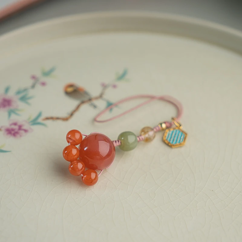 南红5mm+绯红12mm粉红猫爪手机挂