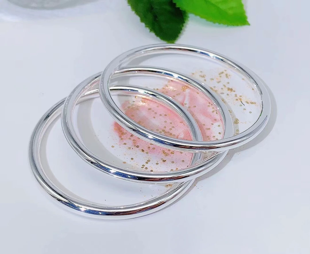 足银手镯 银手镯亮面手镯经典简约素圈实心手镯精美光面单圈银镯