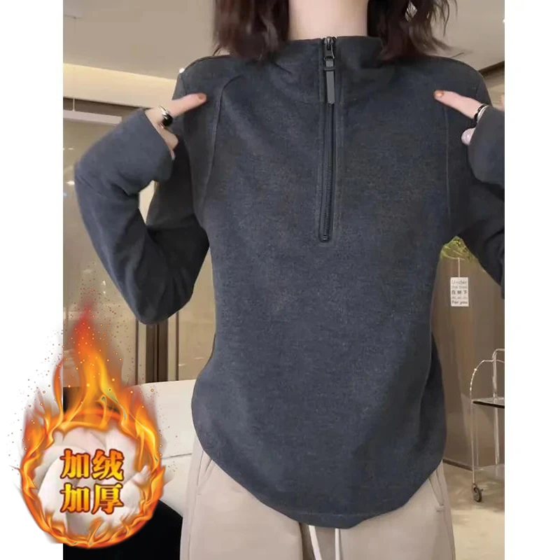 时尚双面加绒卫衣女秋冬新款宽松休闲百搭半拉链立领上衣打底衫潮