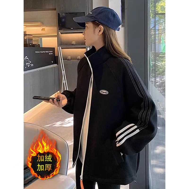 黑色运动美式卫衣外套女2023早秋新款欧货条纹vintage棒球服夹克