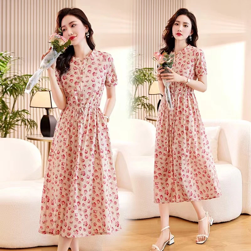 夏季新款洋气收腰碎花时尚气质过膝法式连衣裙3210