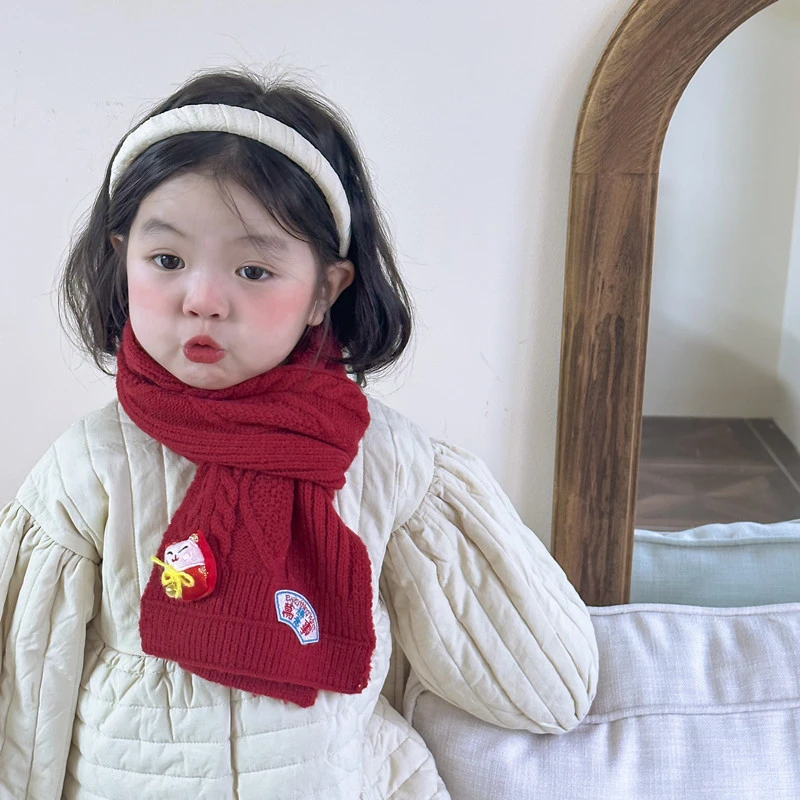 2025新款红色围巾儿童秋冬醒狮男女宝宝喜庆针织毛线保暖儿童围脖