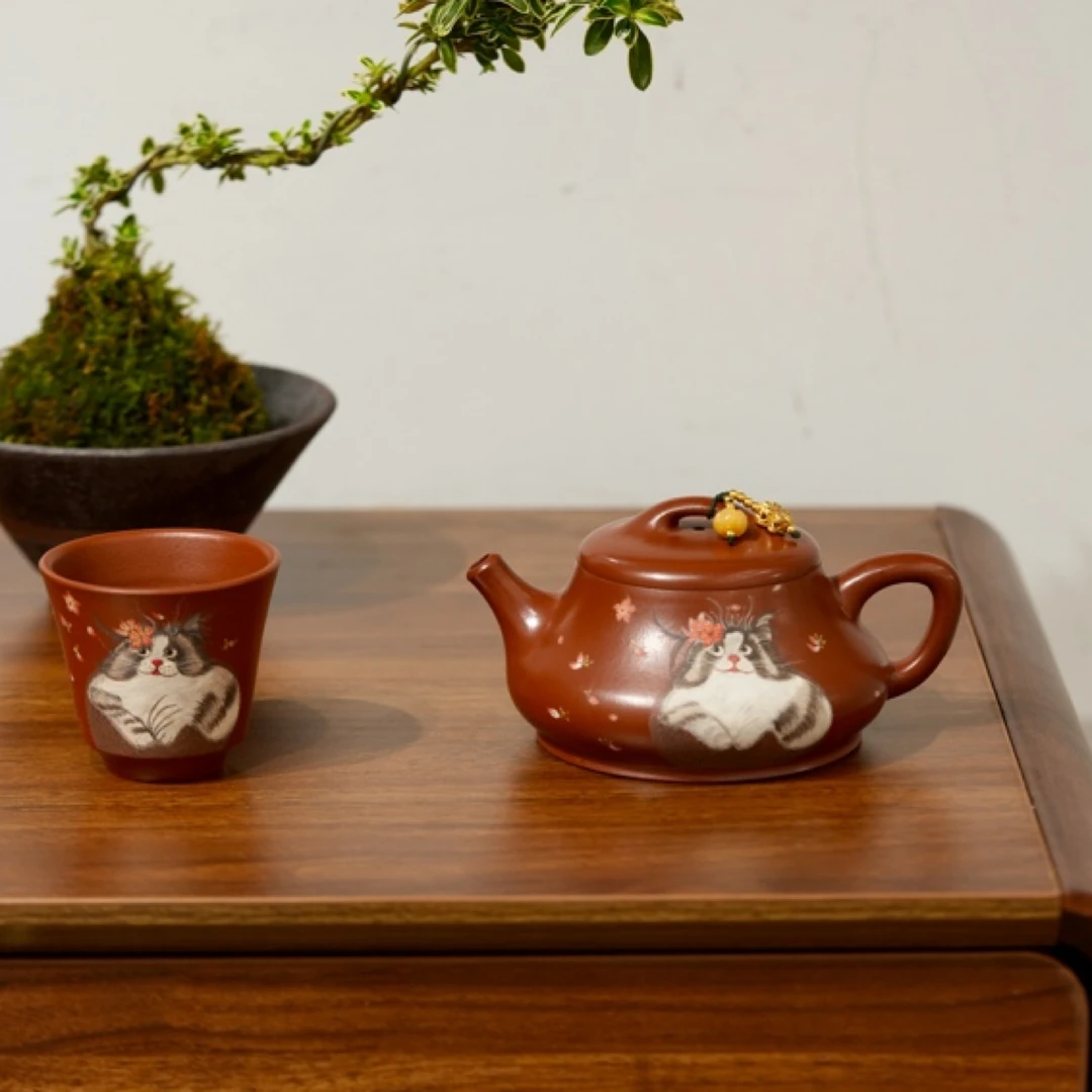 宜兴紫砂壶纯手工大红袍石瓢壶础瓢茶壶家用茶具套装泥绘猫咪
