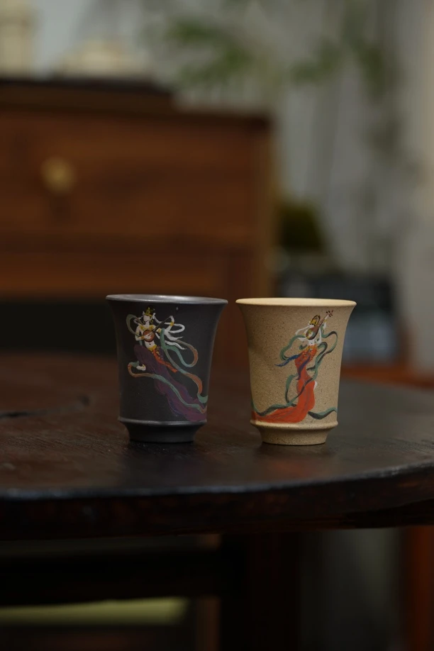 宜兴紫砂主人杯个性泥绘敦煌飞天仙女品茗杯原矿段泥闻香杯小茶碗