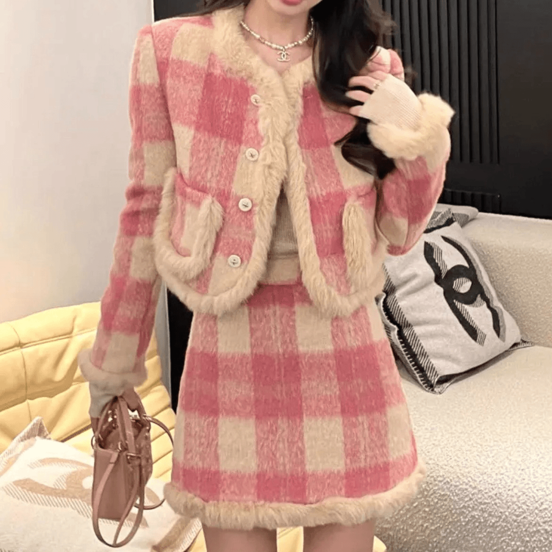 邱肉瑶清 粉色格纹气质冬季外套毛绒保暖小香风