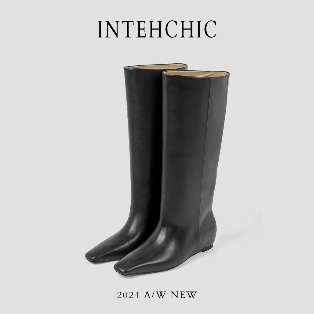 INTHECHIC秋冬尖头长筒平底内增高靴子真皮小个子粗腿显瘦长靴女