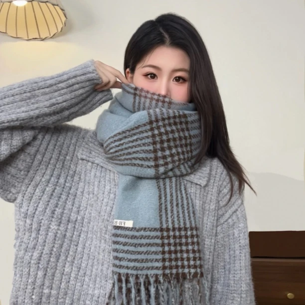 海盐蓝色经典英伦复古格子围巾披肩两用秋冬季情侣保暖围脖