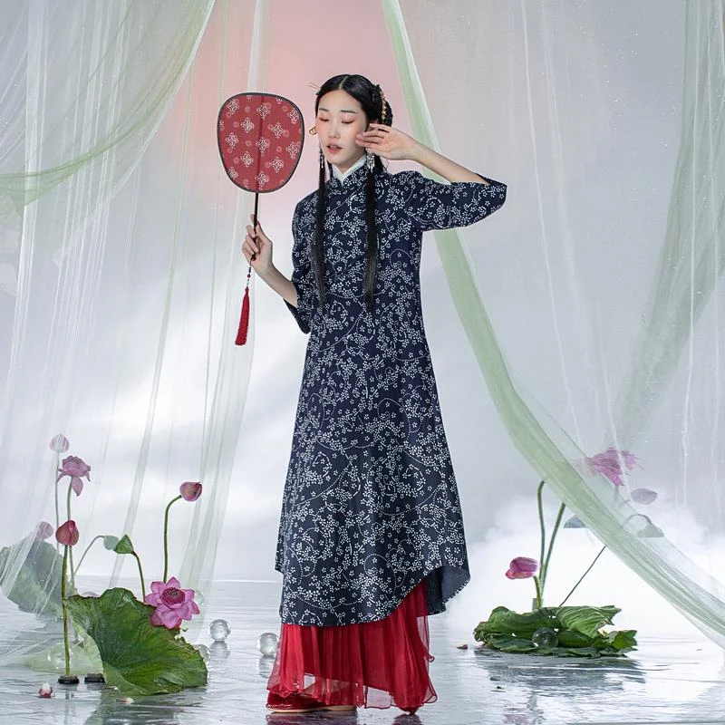生活在左蓝印花系列新品复古棉改良旗袍女X1913384碎花
