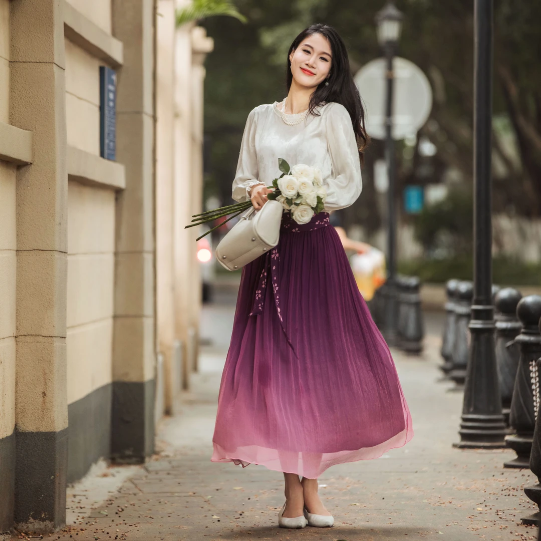 生活在左落霞紫渐变真丝气质半裙花仙子半裙女T1944225