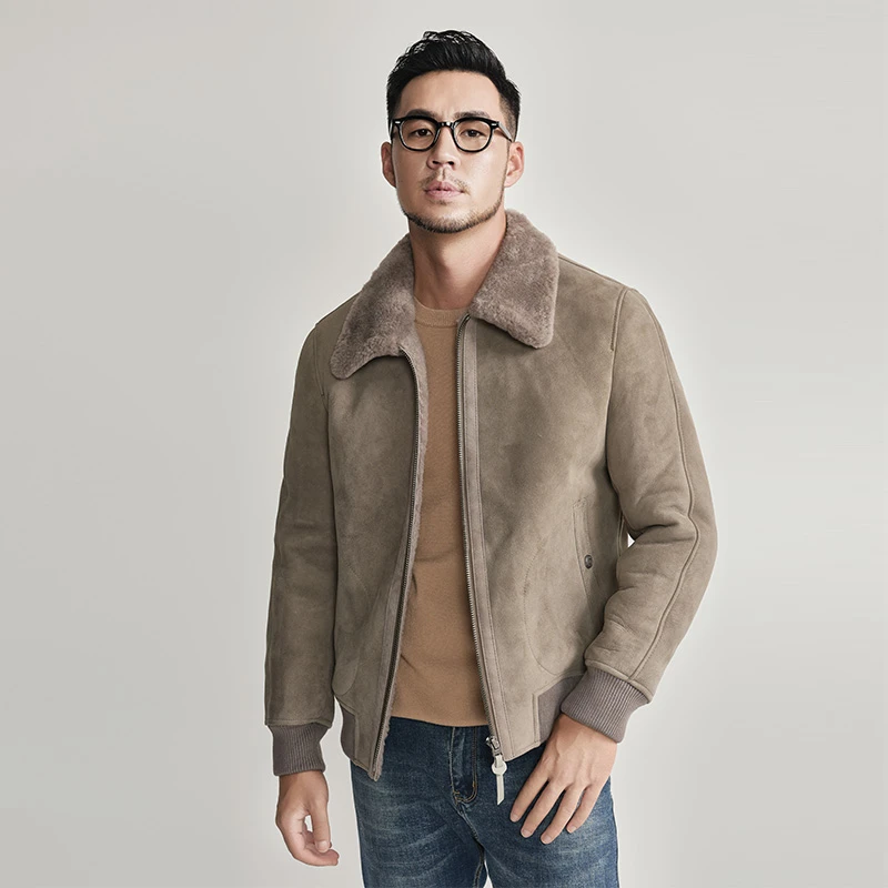 2023新原生态真皮毛一体男翻领加绒加厚羊羔毛皮衣夹克外套