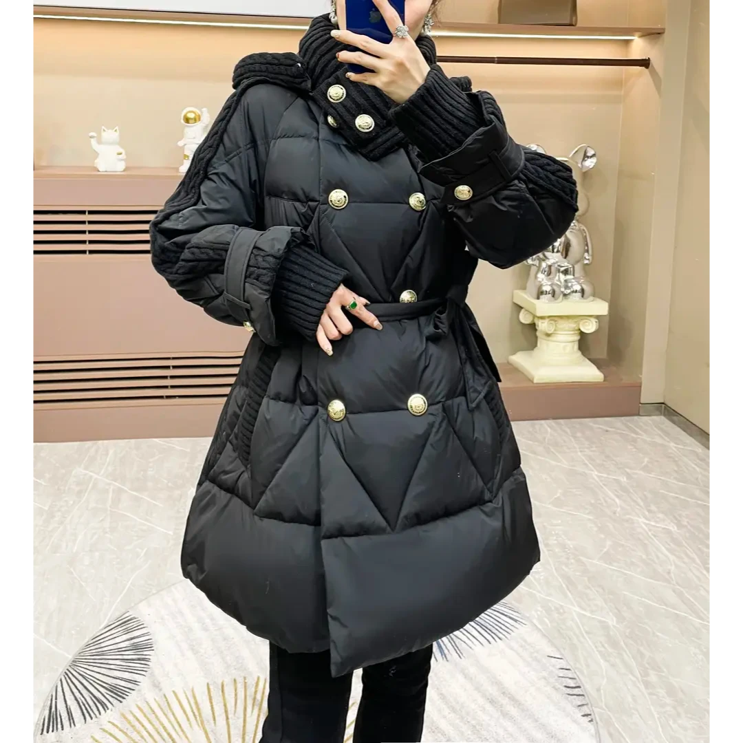 设计感轻奢气质时尚洋气拼接2023冬季收腰中长款连帽羽绒服女外套