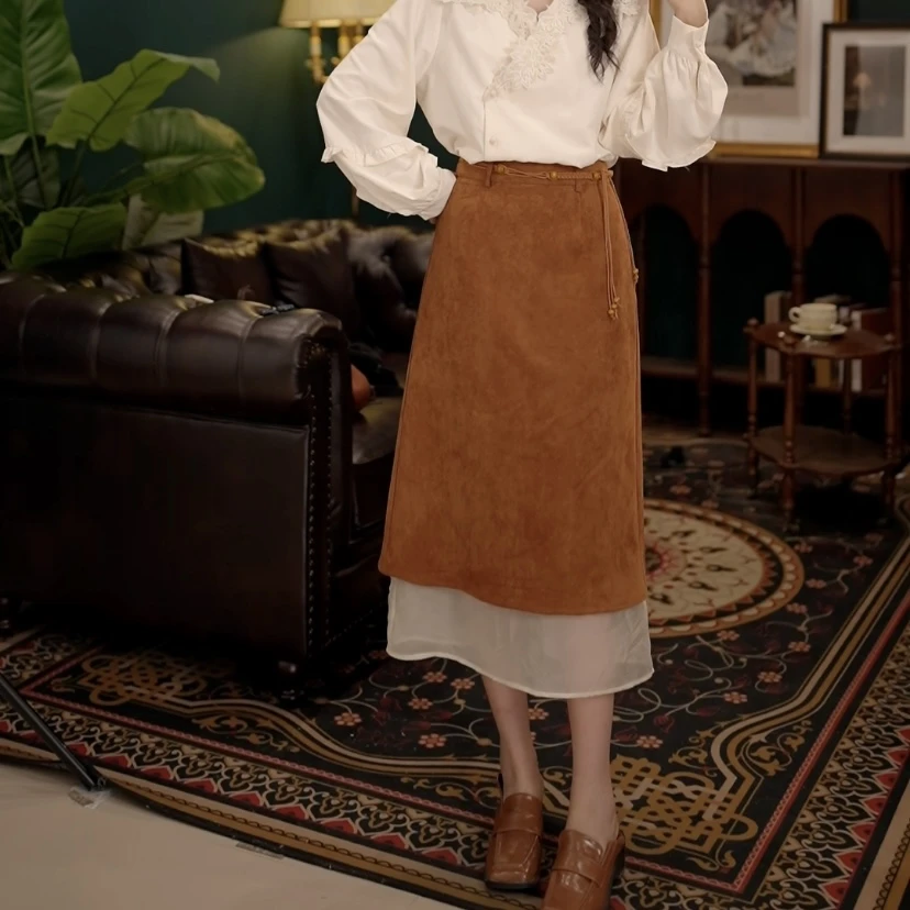 琦琦【远山黛】港风高腰百搭复古半身裙裙子YE00924457