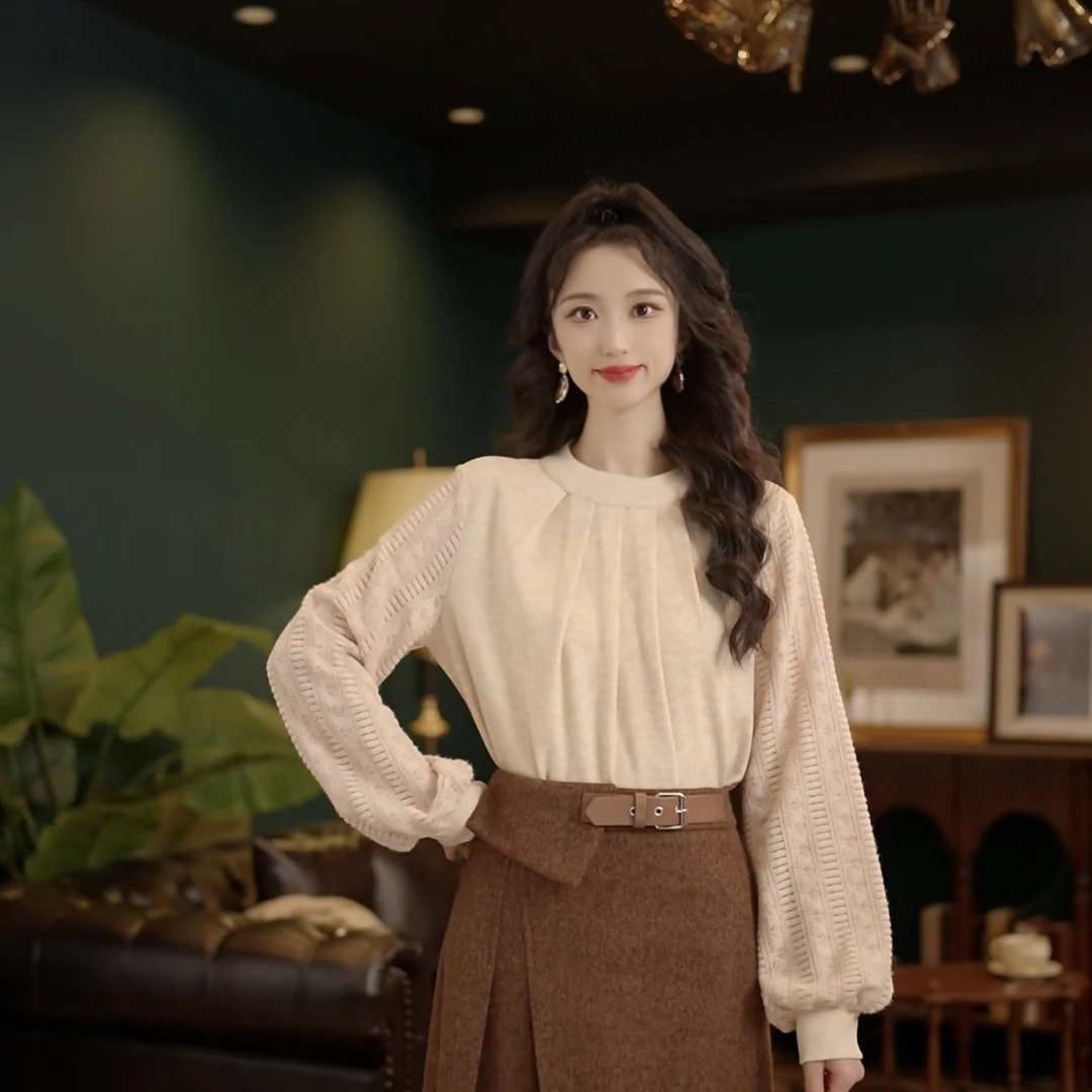 琦琦【灰灰梨】复古港风纯色打底上衣半高领针织长袖T恤YE0706145