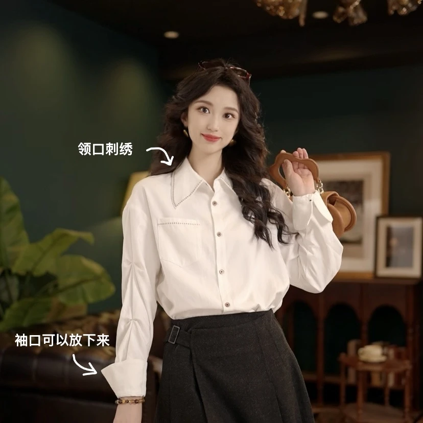 琦琦【松弛有度】港风复古纯色衬衫女宽松显瘦上衣YK0924250