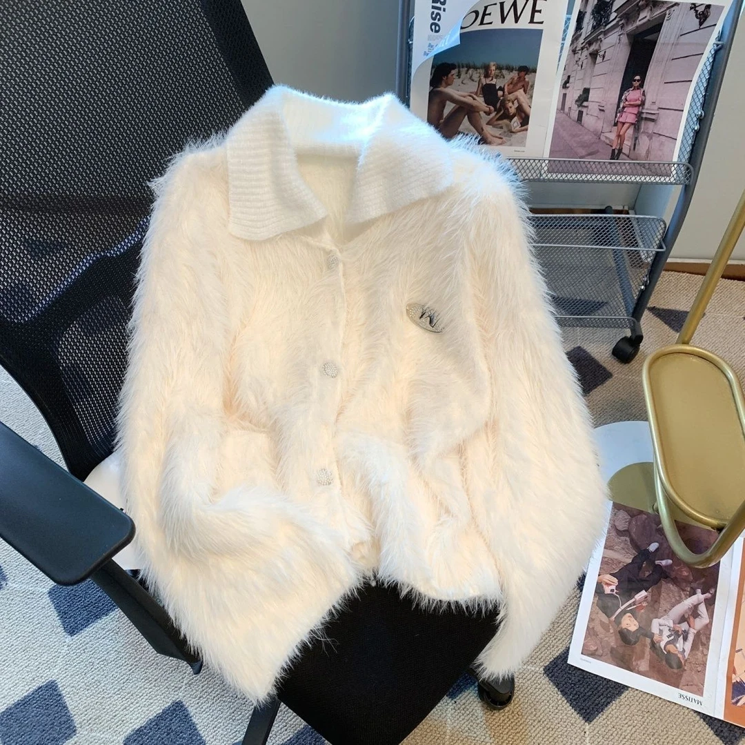 小香风法式仿水貂绒翻领软糯毛衣外套女秋冬独特别致针织开衫上衣