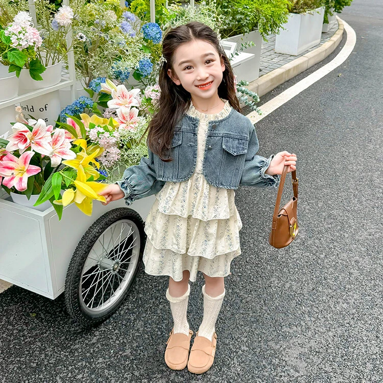 套装女童春秋装韩版碎花连衣裙长袖中小童牛仔外套洋气小女孩时髦