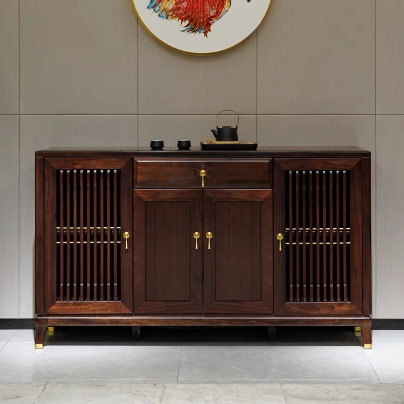 新中式乌金木实木餐边柜酒柜现代轻奢家用靠墙储物碗柜置物茶水柜