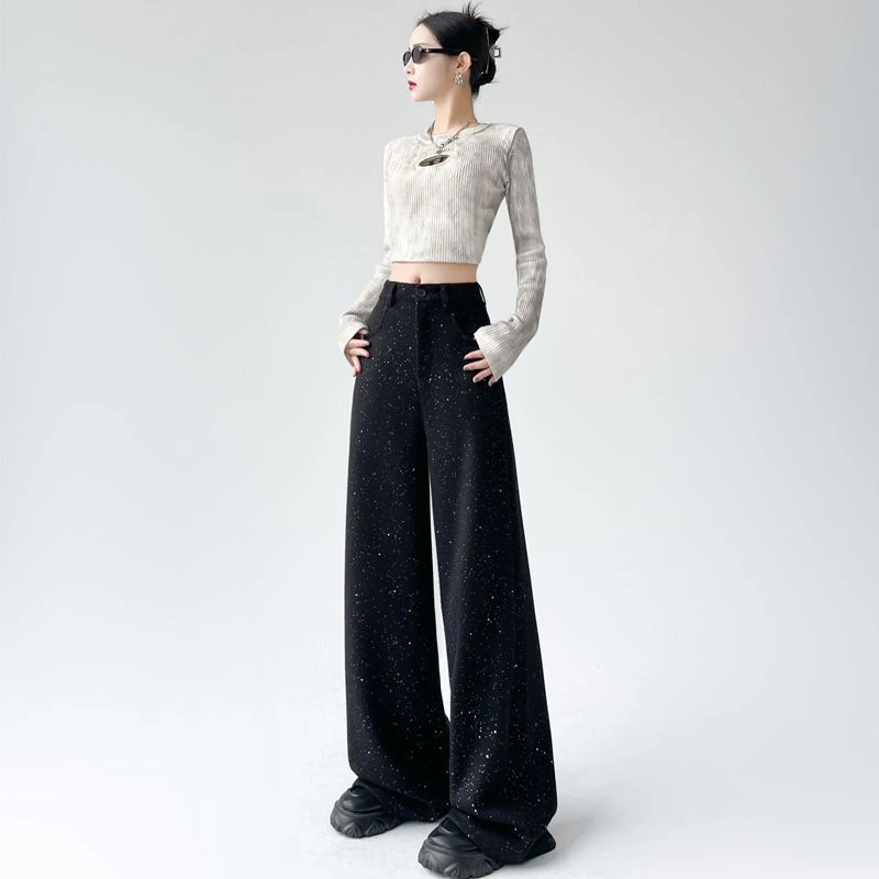 加绒加厚黑色亮片毛呢阔腿裤女2024秋冬高腰设计感直筒休闲拖地裤