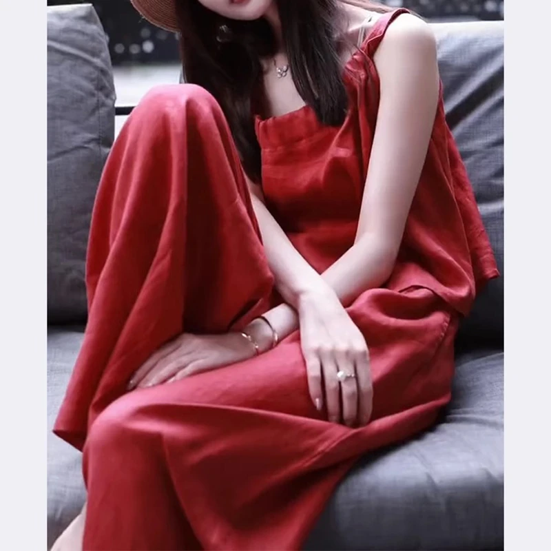 小香风红色吊带套装裤2024夏新款韩剧女主穿搭高级感显瘦两件套女