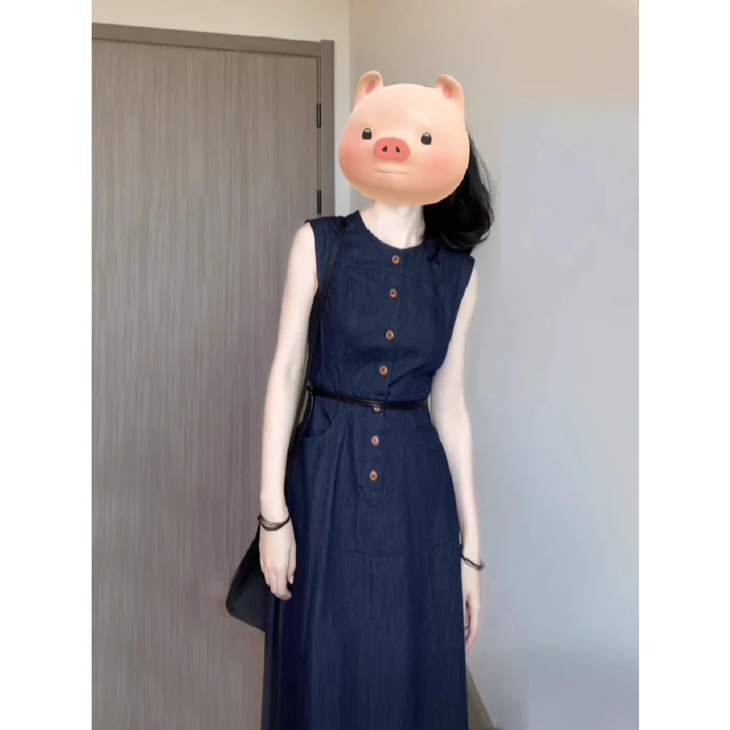法式复古蓝色牛仔无袖连衣裙通勤显瘦a字背心裙高端精致气质长裙