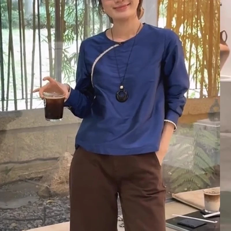 新中式国风高端复古上衣女装2024新款爆款秋季小个子短款蓝色衬衫
