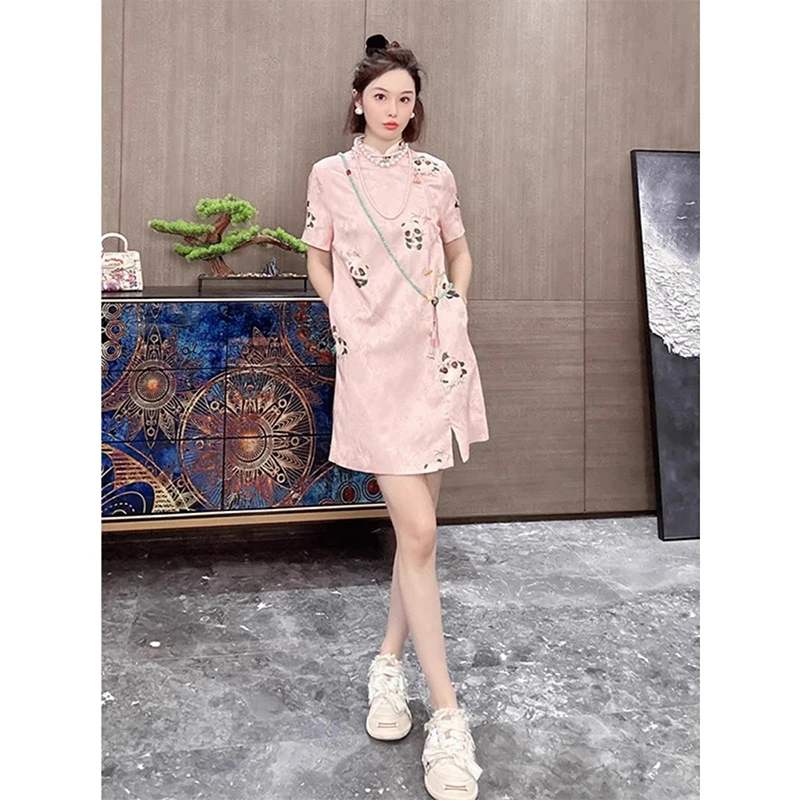 2025夏季新款轻奢小众高级感女装新中式改良旗袍裙盘扣粉色连衣裙