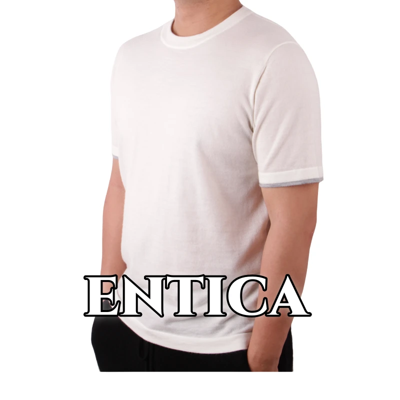 ENTICA/安迪卡品牌高奢纯羊绒高支精纺男休闲短袖撞色秋冬百搭