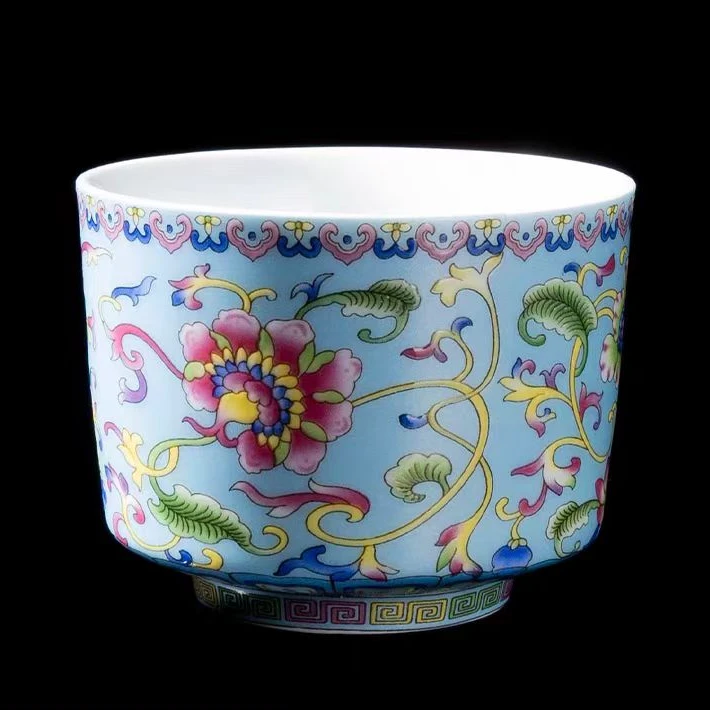 珐琅彩缠枝莲蓝色茶杯直口杯茶具主人杯品茗单杯男女礼盒装送人