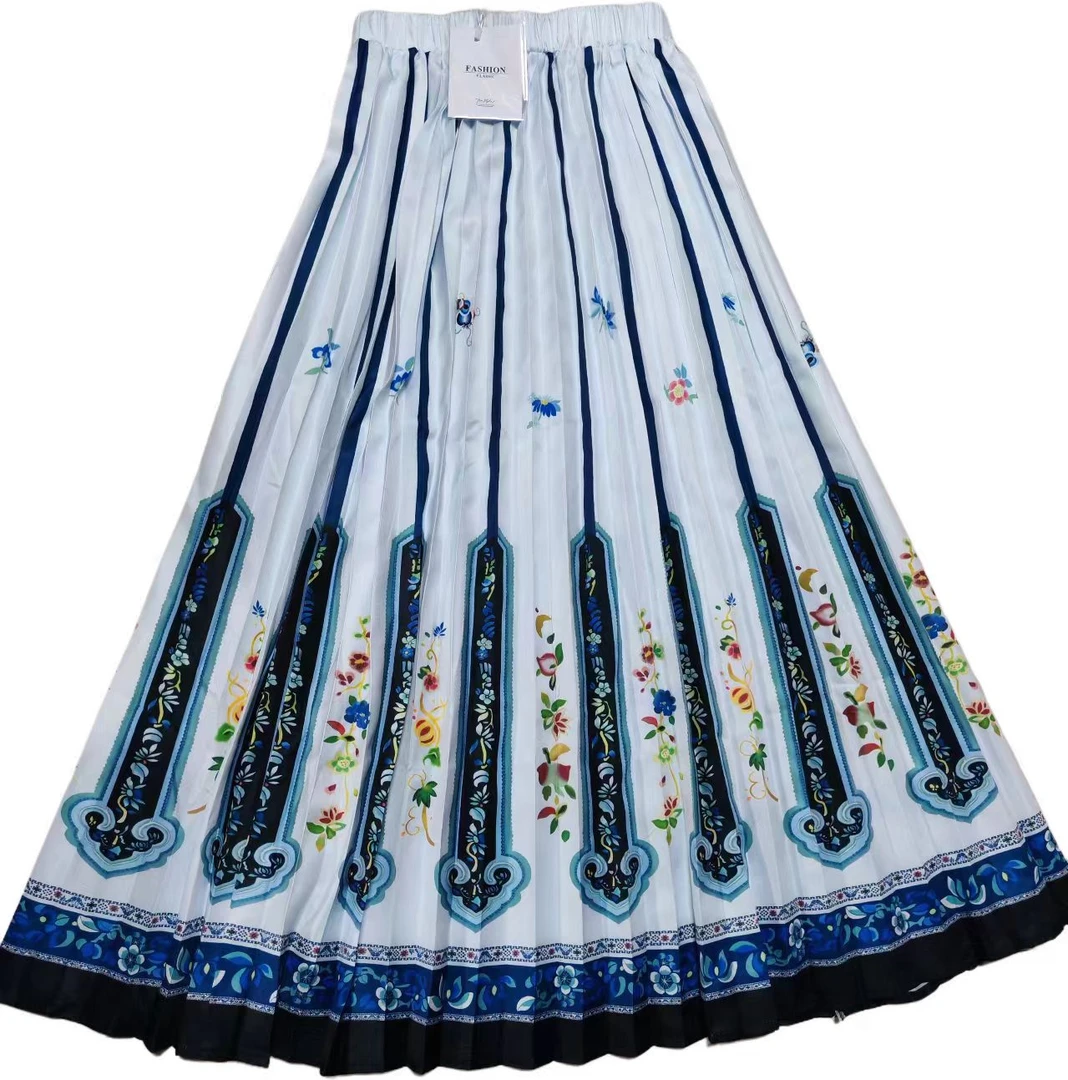 晚清清朝汉服 印花格格旗装 清汉女单裙 松紧腰青花瓷裙子