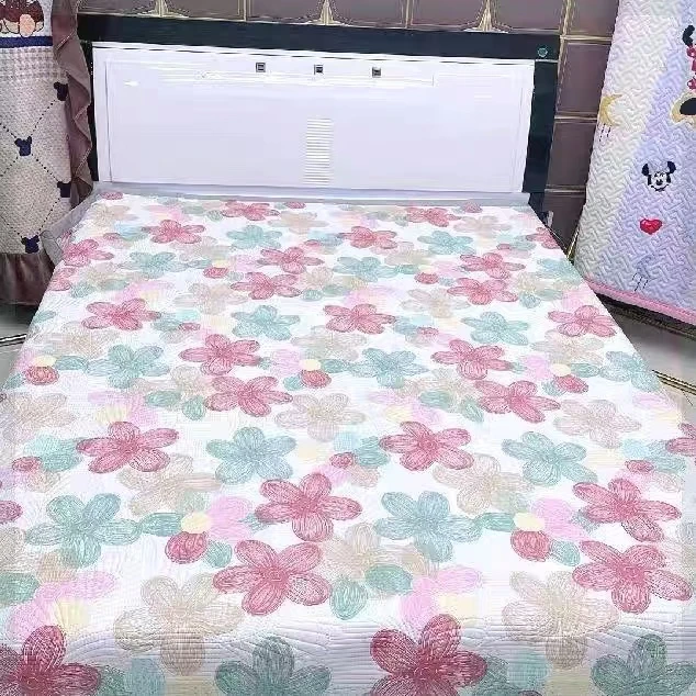 桃花朵朵2*2.3M水洗棉双面绗缝亲肤加厚四季软床盖