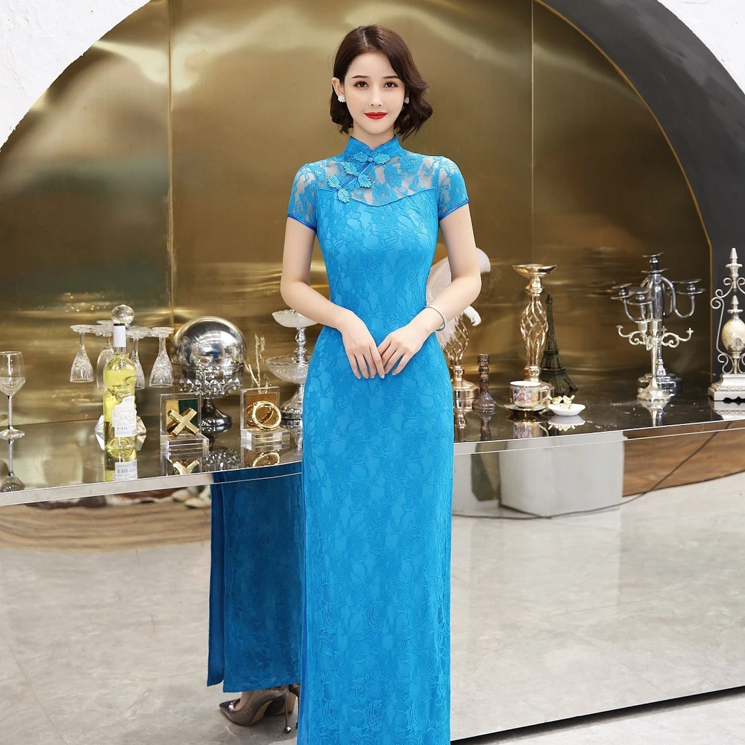 老上海年轻款蕾丝纯色旗袍长款优雅女气质款修身改良中国风大码胖