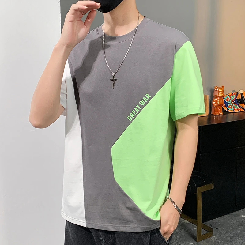 纯棉半袖衣服短袖t恤男士2023夏季全棉宽松拼色青年体恤潮牌男款