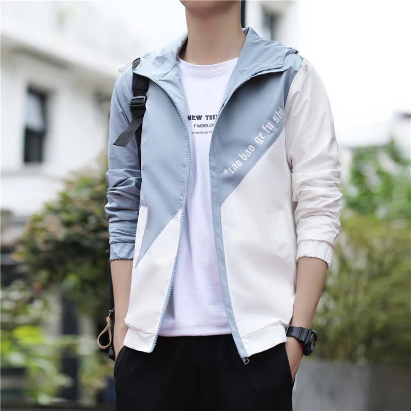 2023年春秋季新款男士百搭工装连帽夹克外套潮牌潮流拼色休闲外套