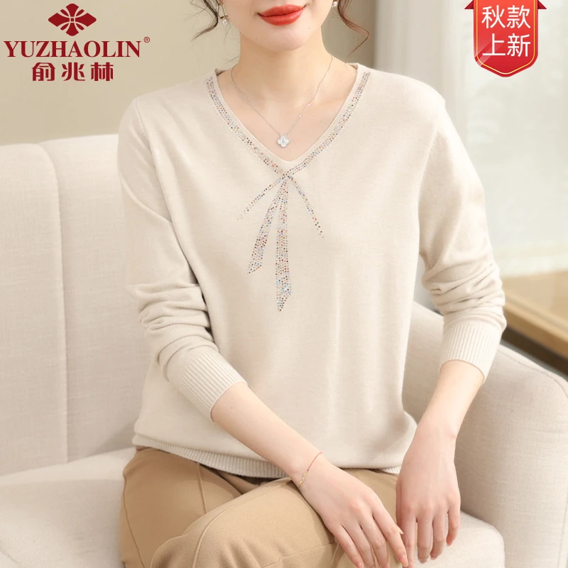 中年妈妈春装洋气针织衫2023新款中老年女上衣春秋打底毛衣